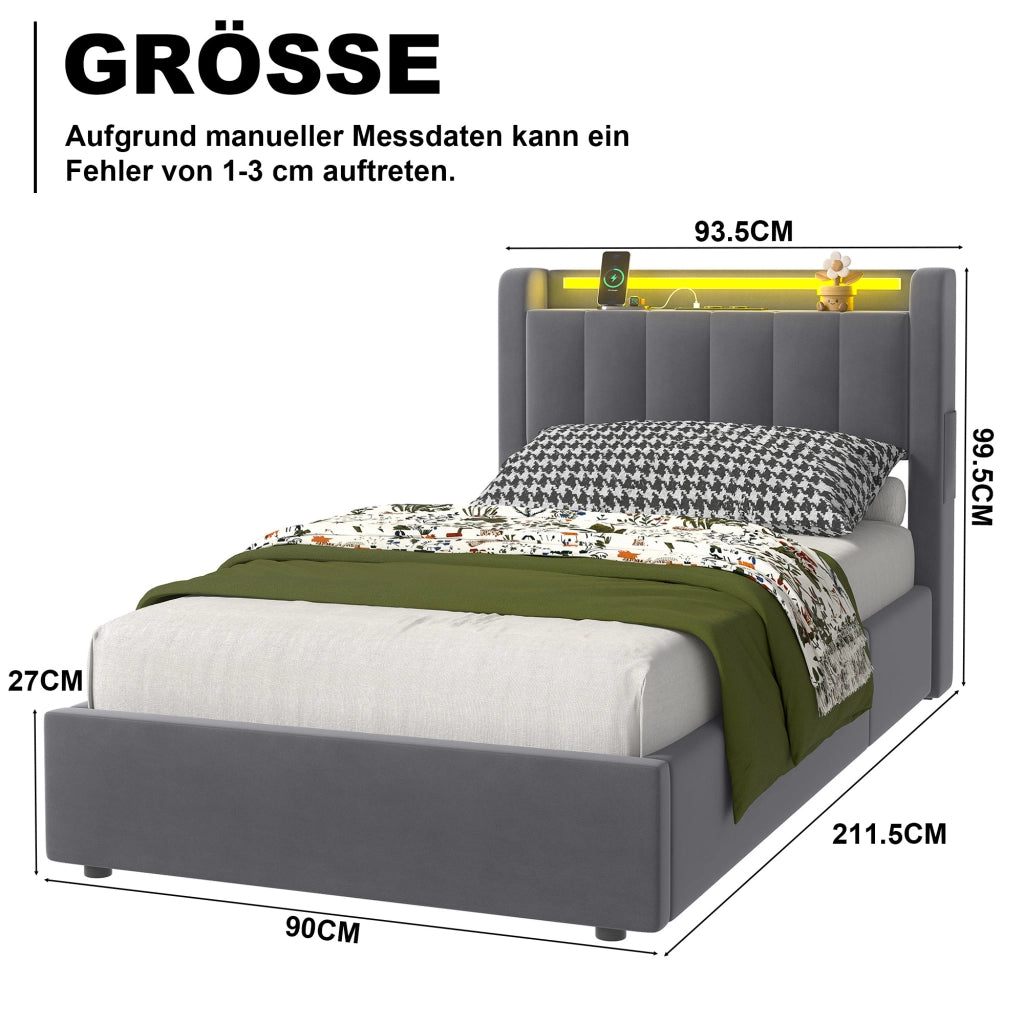 Letto Imbottito 90x190 cm in Velluto con Contenitore Idraulico, LED e Porte USB