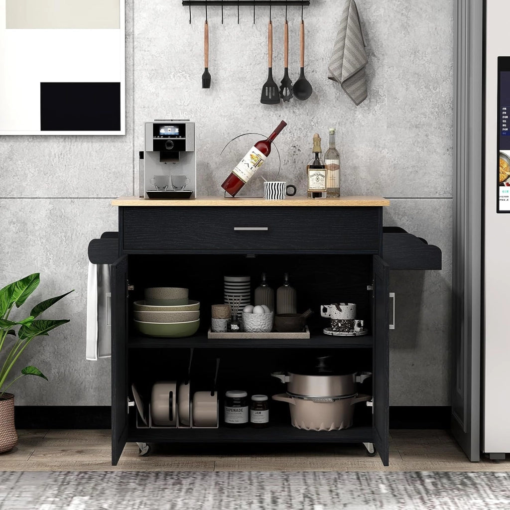 Carrello da Cucina con Ruote di Gomma, Isola Cucina con Cassetto e Ripiano Regolabile, Mobile Credenza Salvaspazio Porta Microonde, Portaspezie, Portasciugamani, 116 x 40 x 85 cm (Nero)