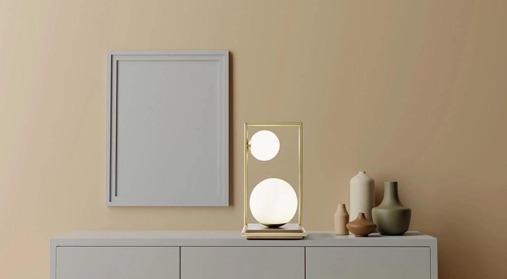 BUBLE LAMPADA DA TAVOLO 2 SFERE VERSO SX OPALINO STRUTTURA ORO SPAZZOLATO E BRONZO ATTACCO G9