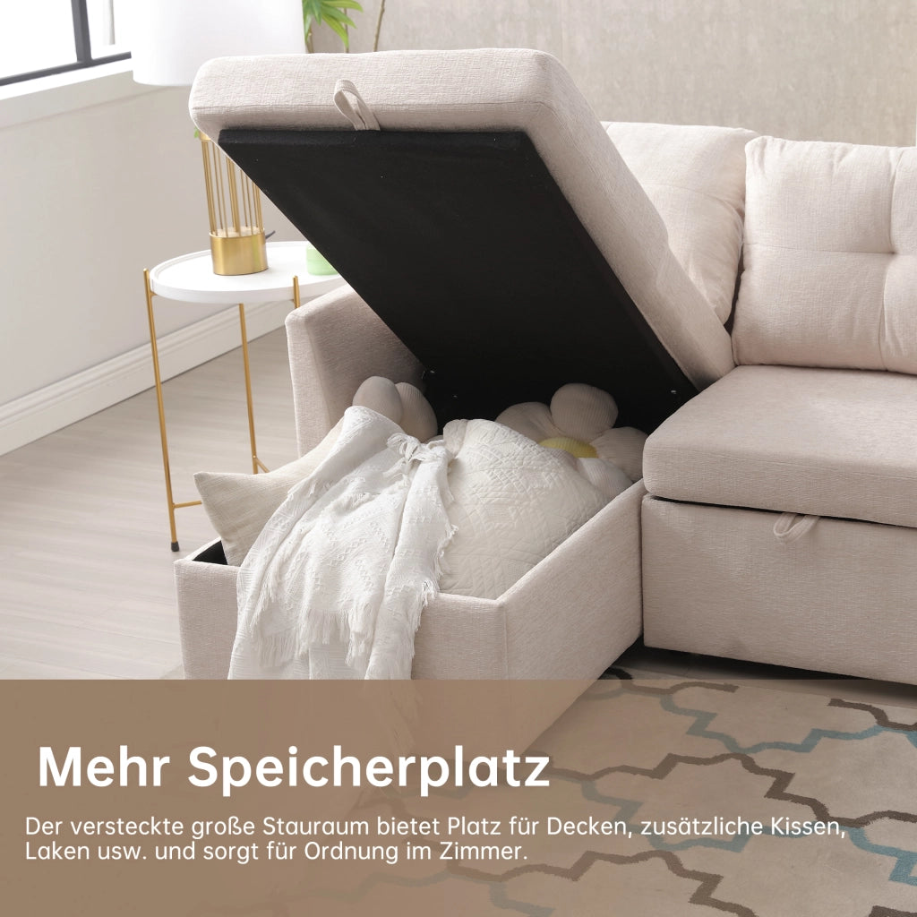 Divano letto angolare convertibile con contenitore, penisola reversibile e cuscini in corduroy beige 206 × 108 × 66-88 cm