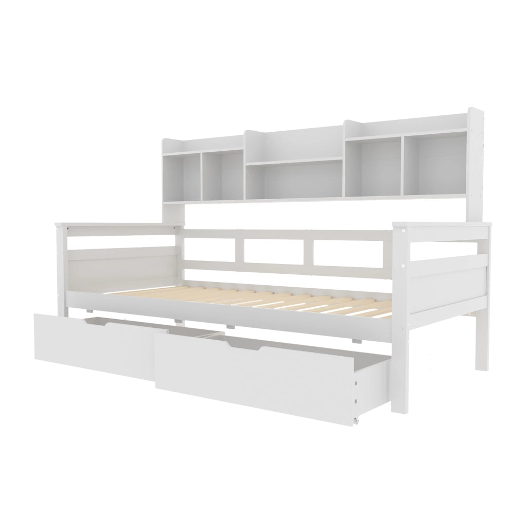 OKWISH Letto a Divano 90×200 cm, Letto Singolo con 2 Cassetti, Mensole e Scomparti, senza Materasso, in Legno, Bianco