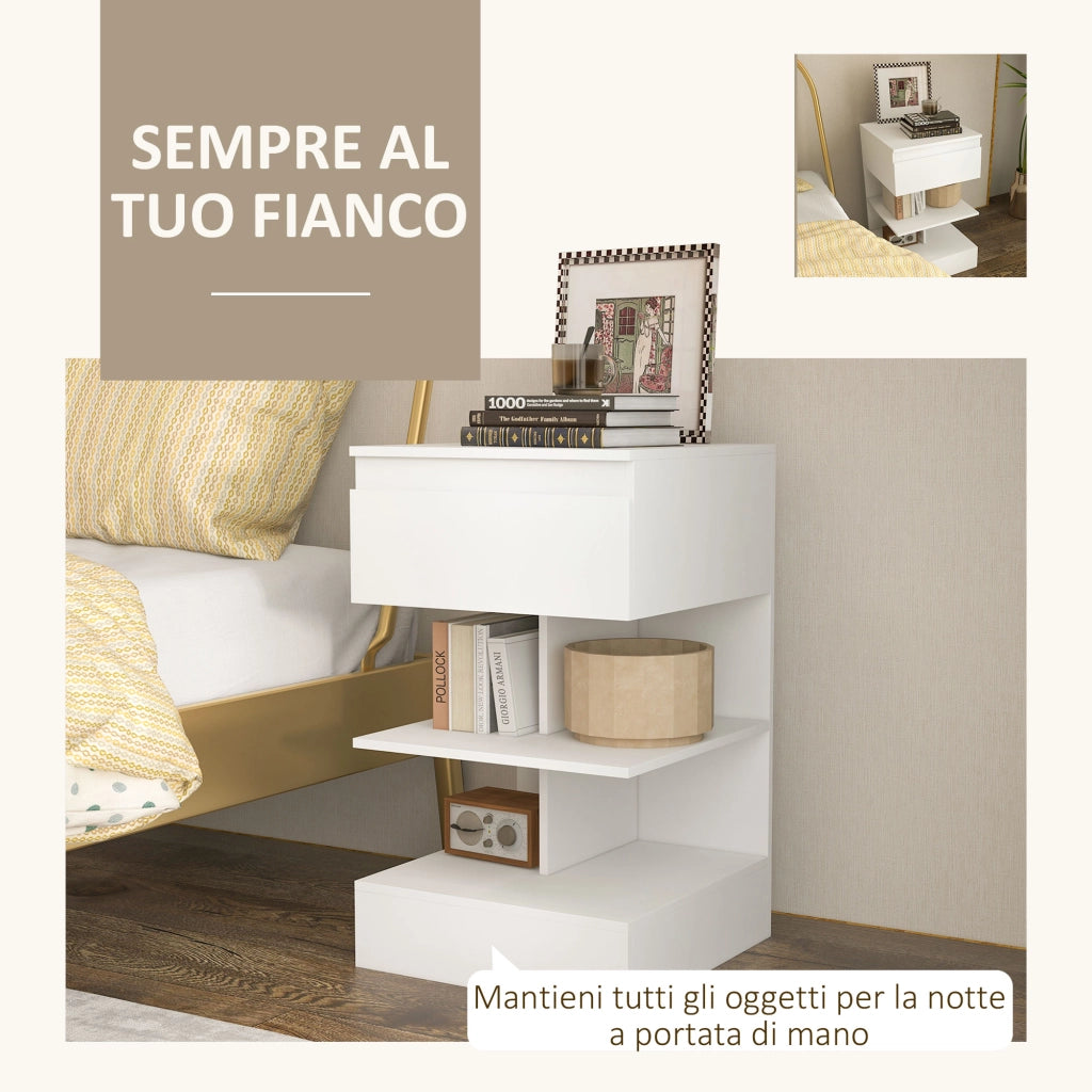 Comodino Moderno in Truciolato e MDF con un Cassetto e 2 Ripiani, 39x39x65 cm, Bianco