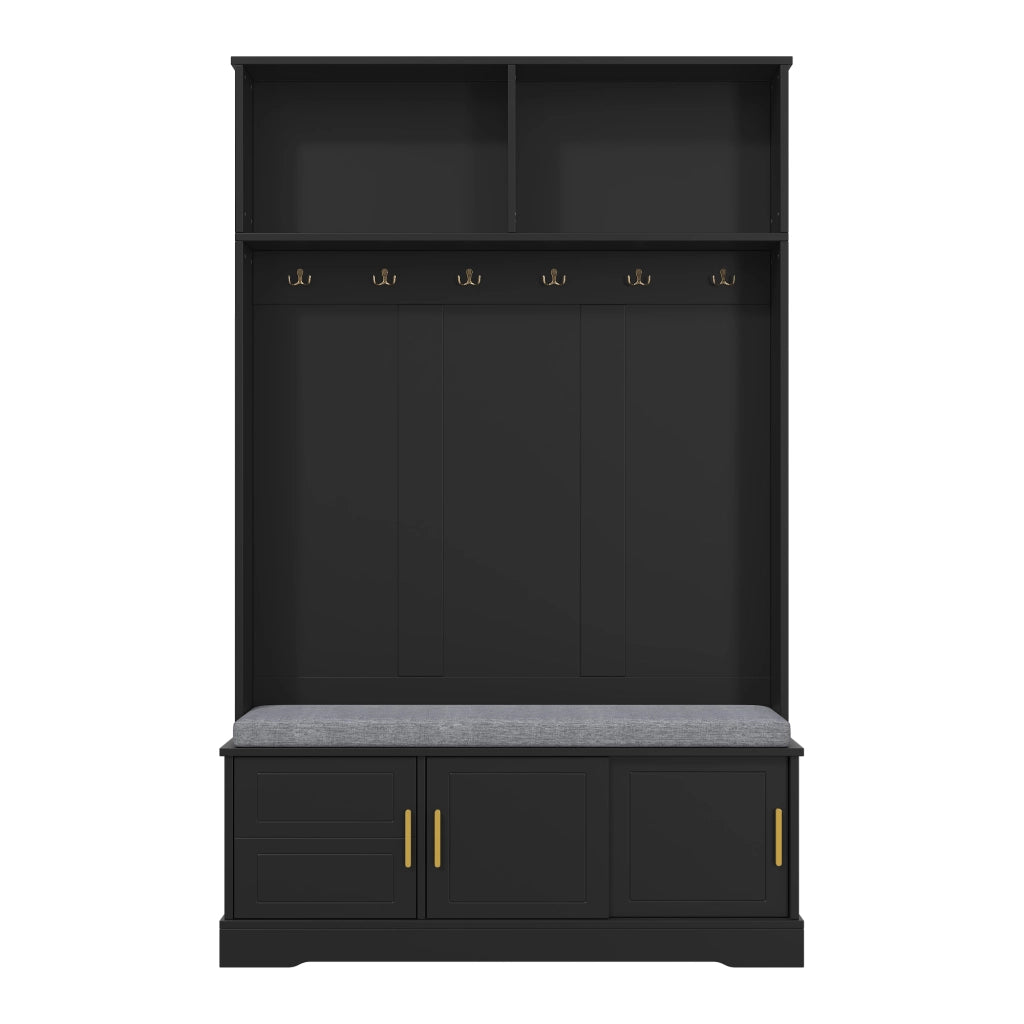 Appendiabiti da ingresso con panca portascarpe, 6 ganci, struttura autoportante, nero, 120¡Á40¡Á191 cm