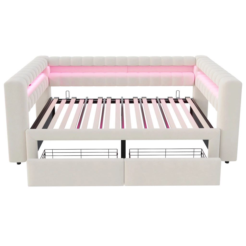 Divano letto imbottito estraibile 90x190 cm con LED; USB e contenitore; beige