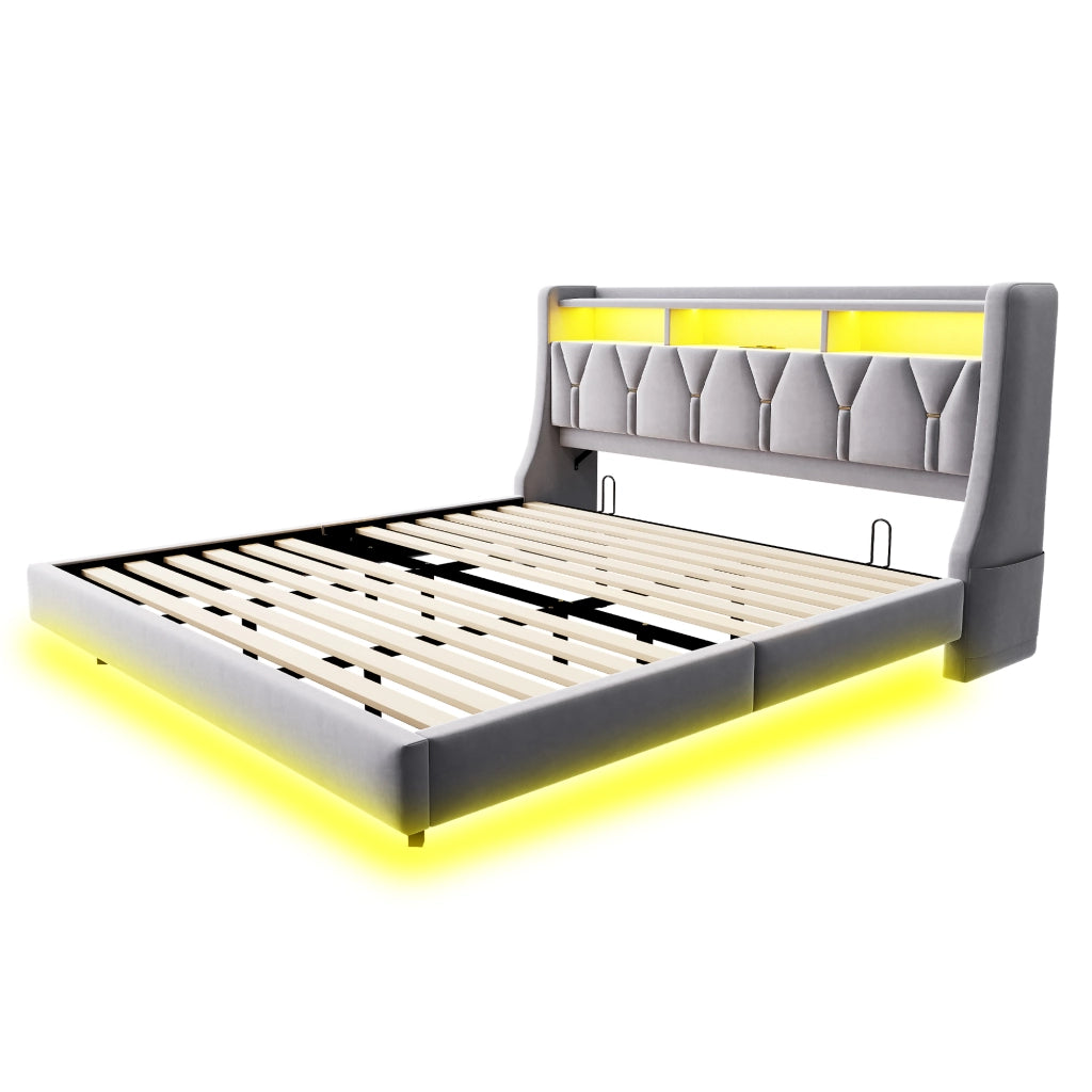 Letto imbottito 180x200 cm con testiera ribaltabile, prese USB e Type-C, LED e struttura in velluto grigio chiaro