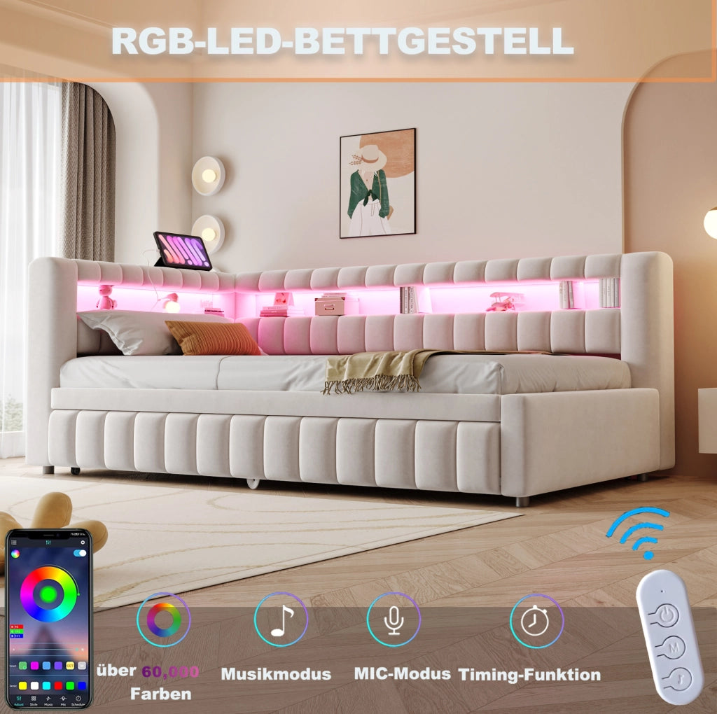 Divano letto estraibile 90x200 cm con LED e USB-C beige