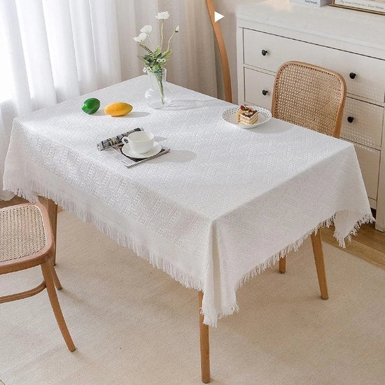Tavolo invernale, 90 x 150 cm, bianco, rettangolare, cotone e lino, con chiodini, per esterno, casa, sala da pranzo, cucina, esterno, Natale, festa, compleanno