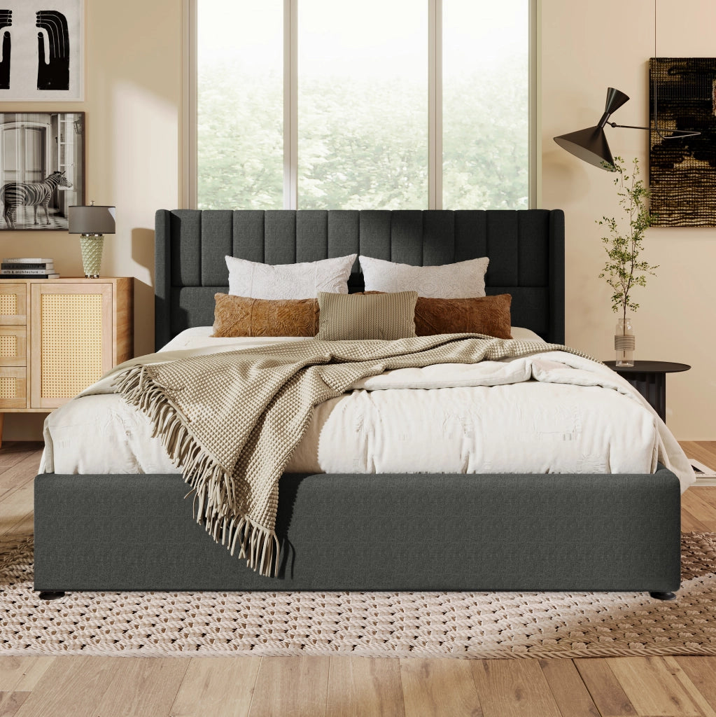 Letto matrimoniale imbottito con contenitore e rete sollevabile 160x200 cm in lino grigio