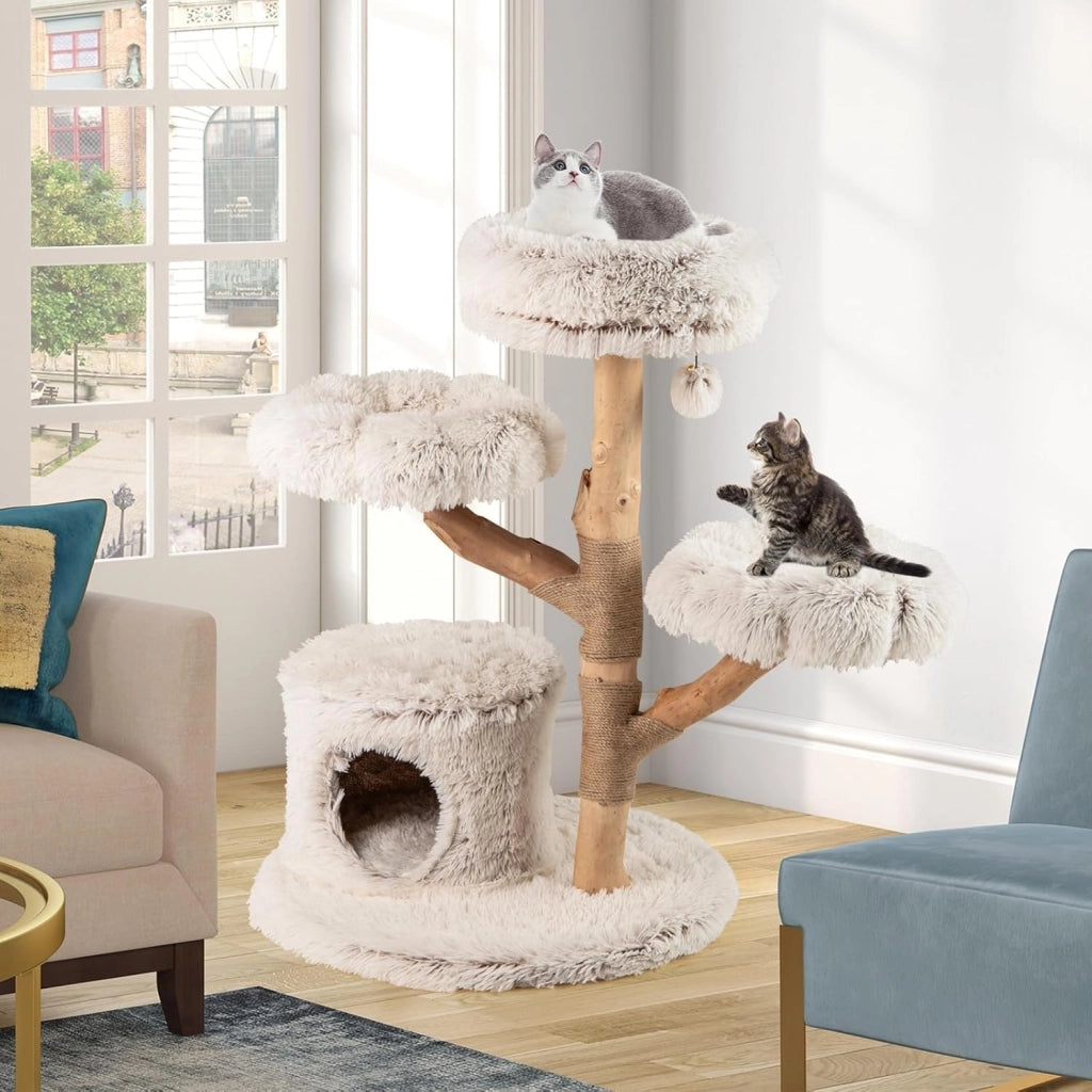 Albero per Gatti, Tiragraffi per Gattini in Legno Alta 102 cm con Condominio, 2 Piattaforme a Forma di Fiore, Trespolo e Palo per Grattarsi in Juta, Mobile da Arrampicata per Interno