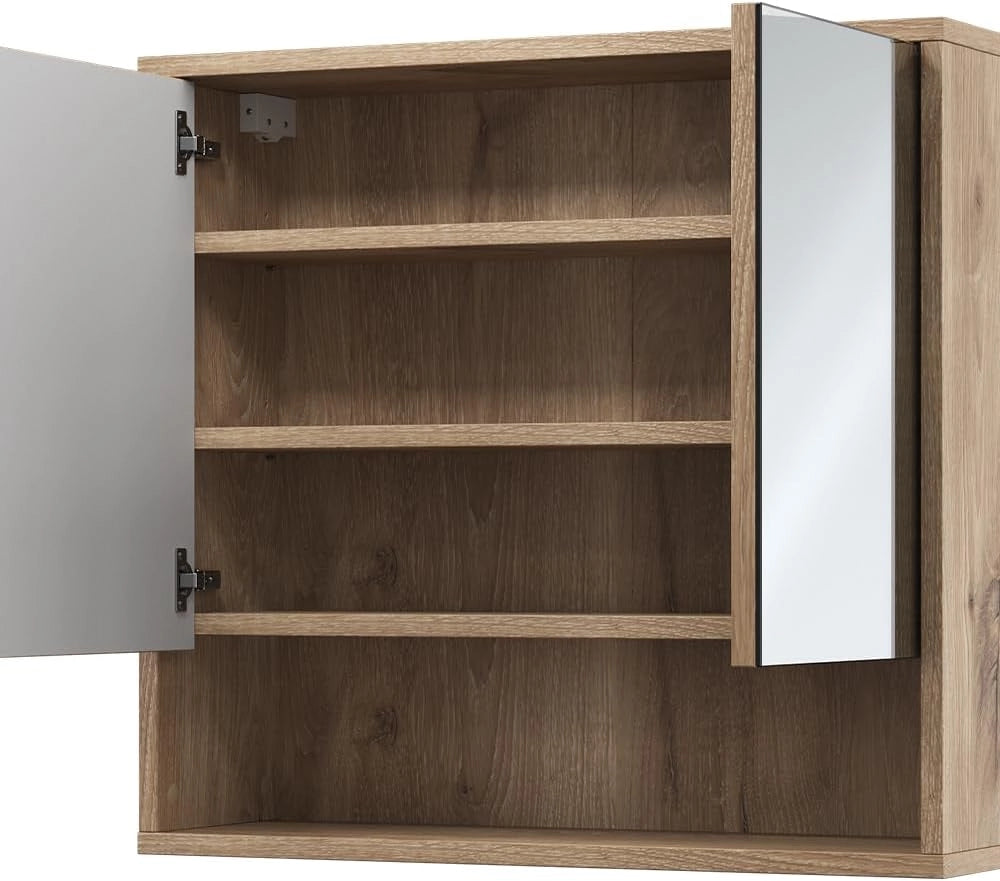 Specchio da bagno Eliza, Quercia vichinga, 70 x 65 cm con 2 porte, adatto per montaggio a parete e combinabile con la serie Eliza