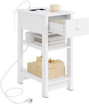 Comodino con Prese Integrate e Porte Usb, Comodino con Cassetto e Ripiani, Tavolino per Piccole Stanze, Camera da Letto, Soggiorno, Bianco, 30x45x65cm, NTS20ws
