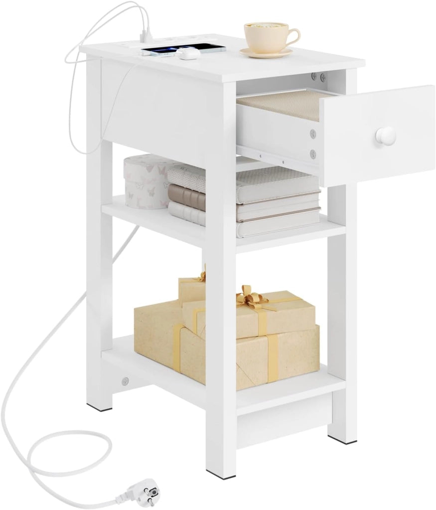Comodino con Prese Integrate e Porte Usb, Comodino con Cassetto e Ripiani, Tavolino per Piccole Stanze, Camera da Letto, Soggiorno, Bianco, 30x45x65cm, NTS20ws