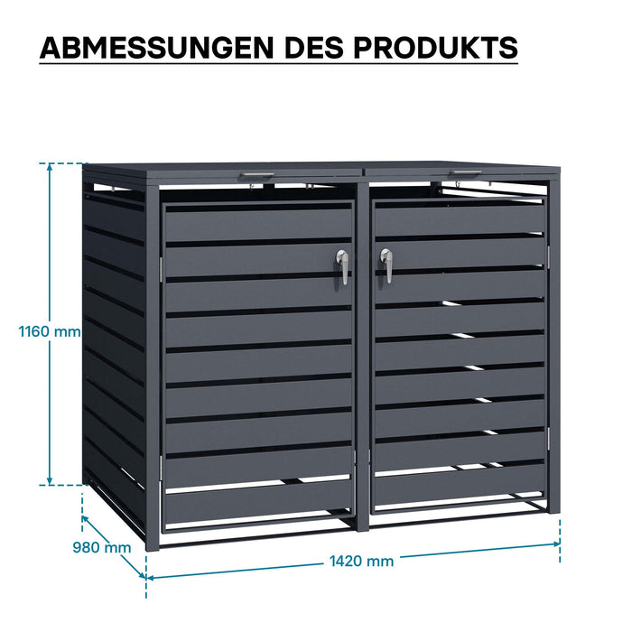 Copri bidoni della spazzatura con coperchio ribaltabile per due contenitori 60-240l, acciaio antracite, copribidone da esterno