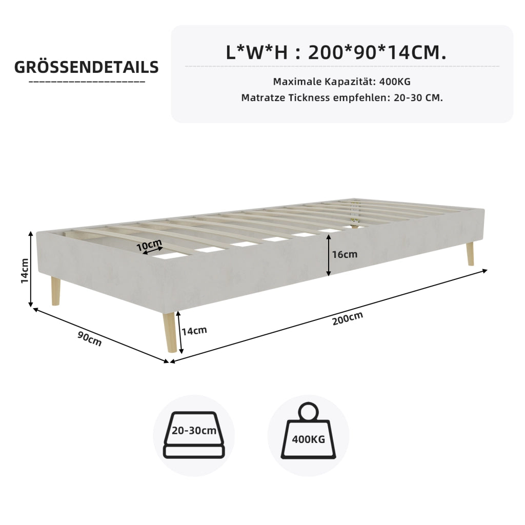 Letto Singolo 90x200 cm con Struttura in Metallo e Tessuto; Design Basso - Beige