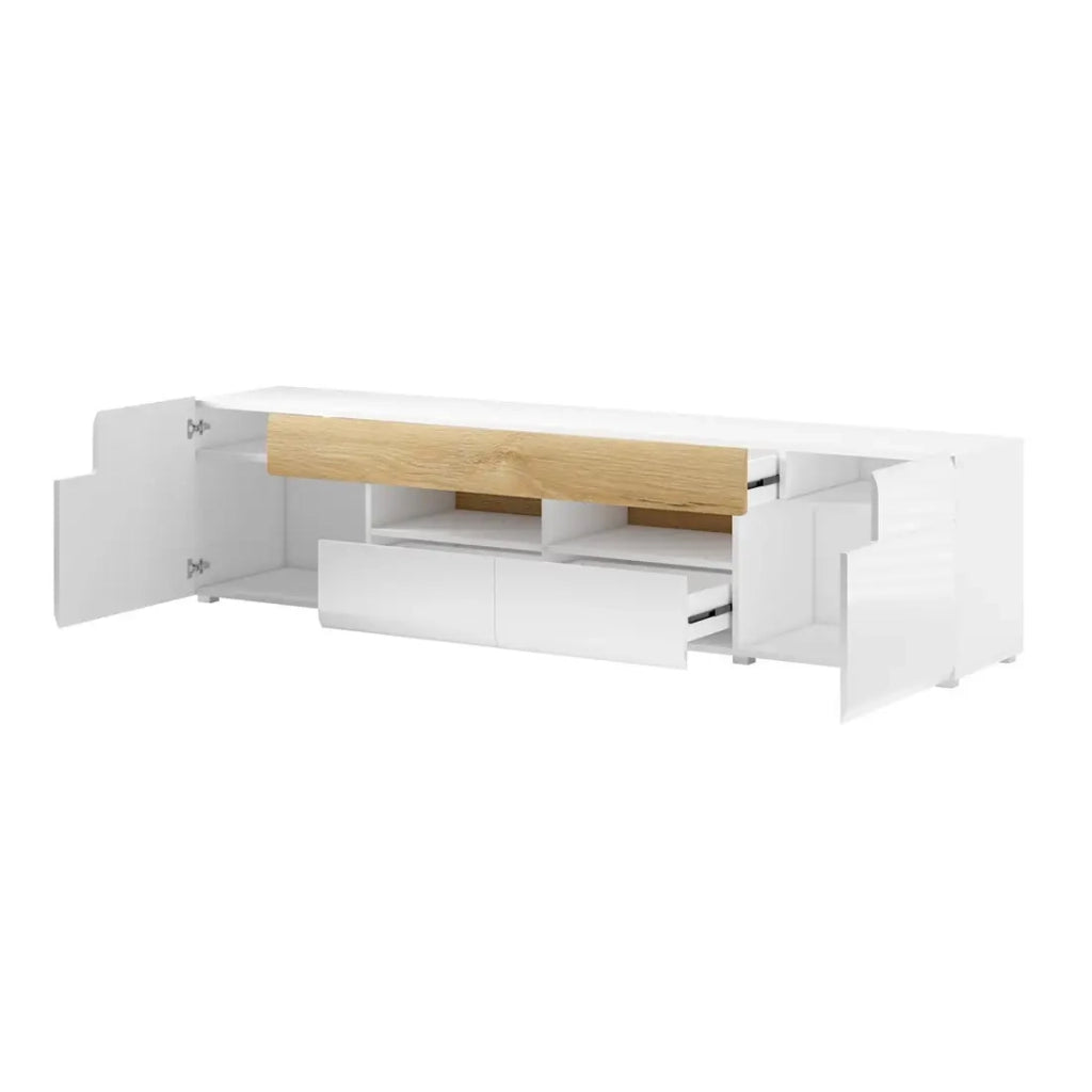 Mobile TV 210cm collezione OHIO con LED integrato. Colore bianco e finiture in rovere.