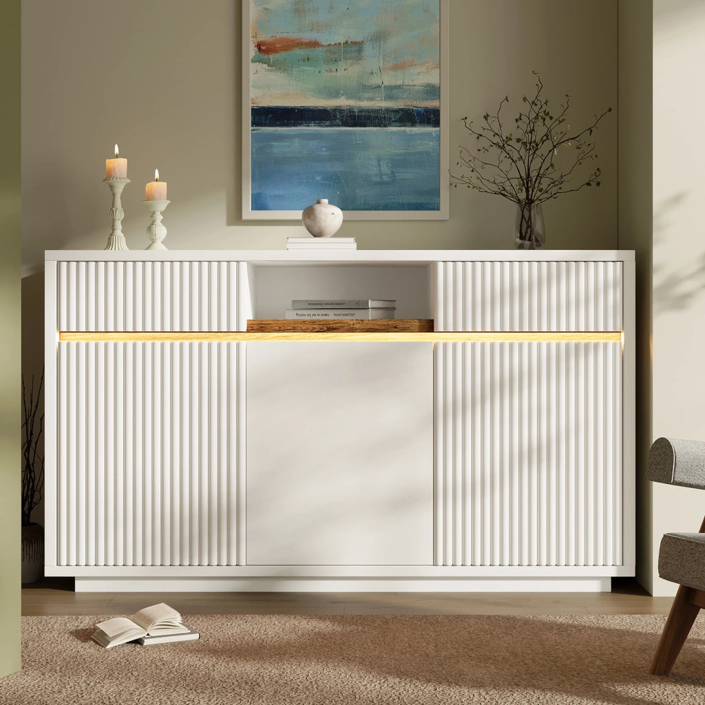 Credenza con 2 cassetti; 3 ante e LED - per soggiorno - in MDF - 140×40×85 cm - bianco