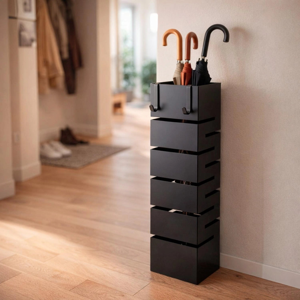 Portaombrelli Design Moderno In Acciaio Zincato Per Interno Esterno Con Vaschetta Scolapioggia Base Antiscivolo 2 Ganci Removibili Struttura Robusta Nero 49 X 15.5 X 15.5 Cm