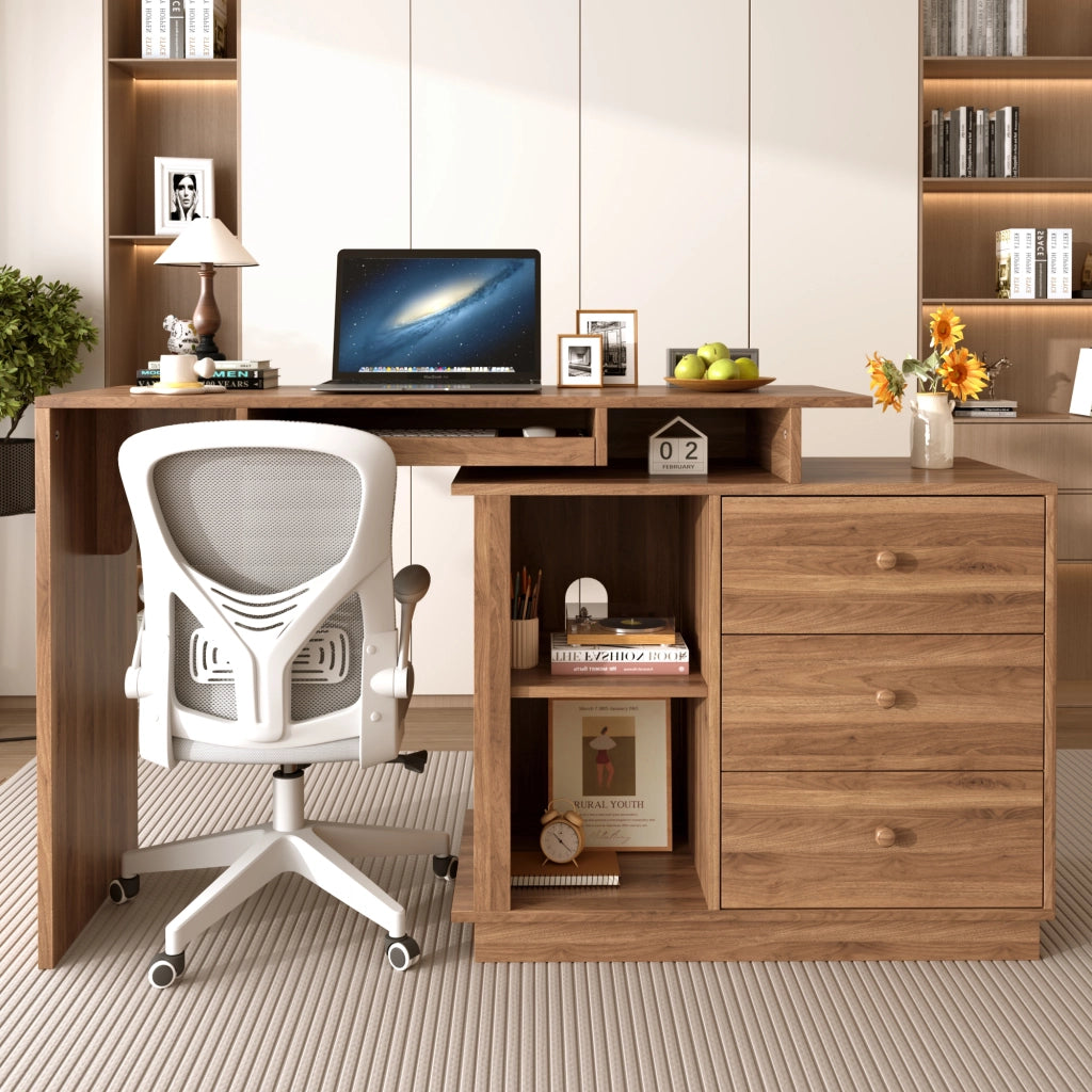 Scrivania estraibile con cassetto tastiera, 2 vani aperti e 3 cassetti, per studio, in MDF, noce, 110 × 40 × 75.5 cm