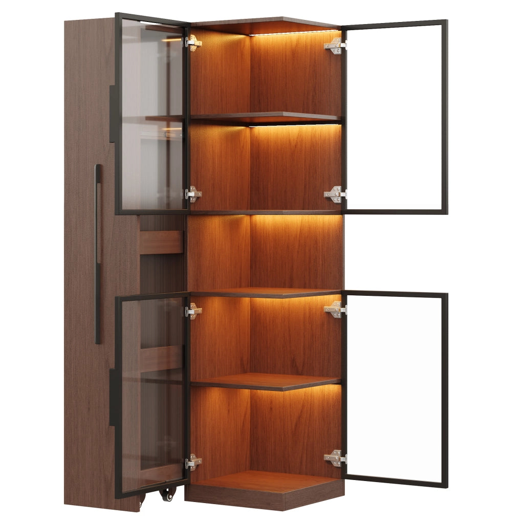 Vetrina alta in MDF e vetro 70×38×160 cm, colore noce, con ripiani estraibili e LED multicolore