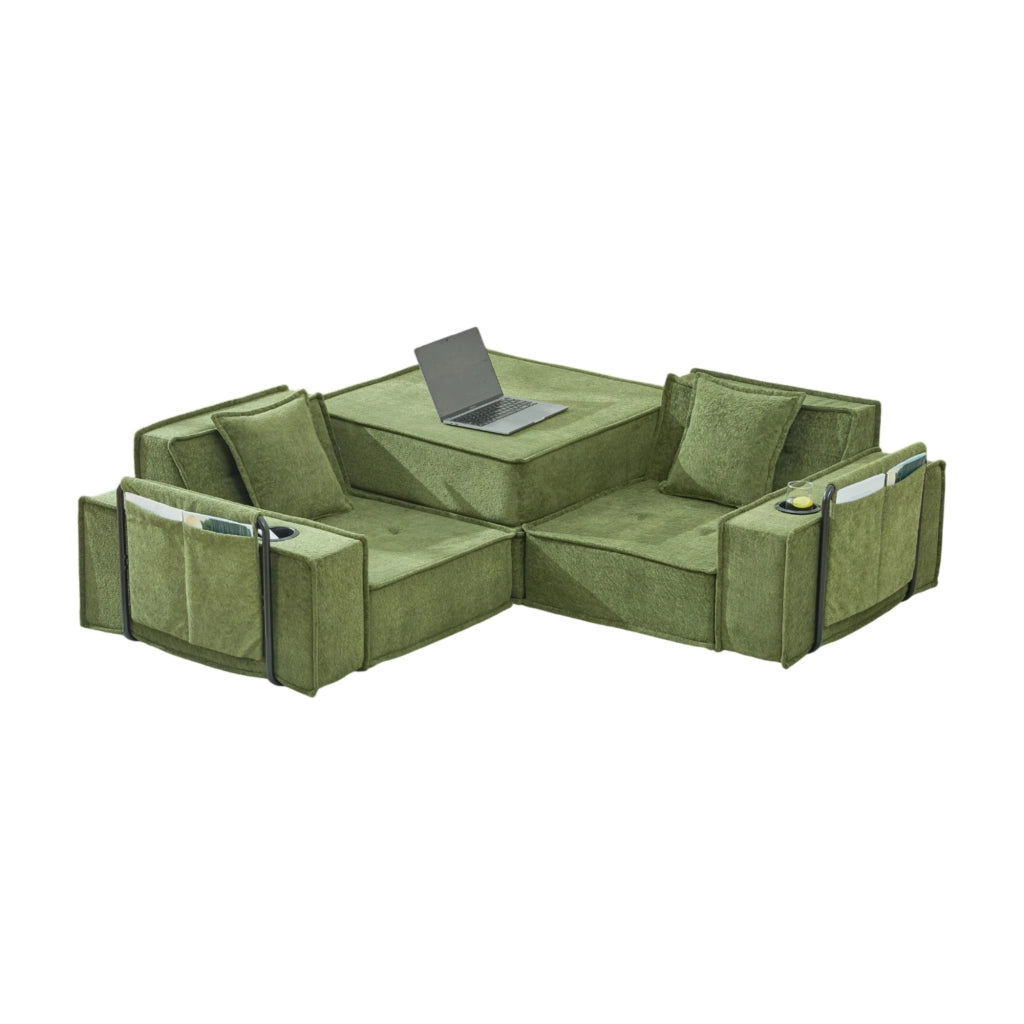 Pouf sofa modulare in ciniglia verde con 2 cuscini; 162x78x66 cm
