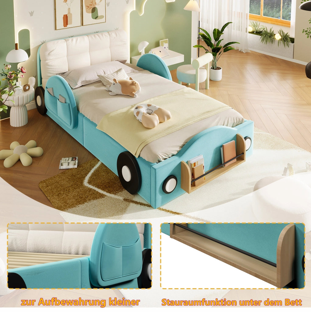 Letto imbottito blu 90x200 cm con contenitore idraulico