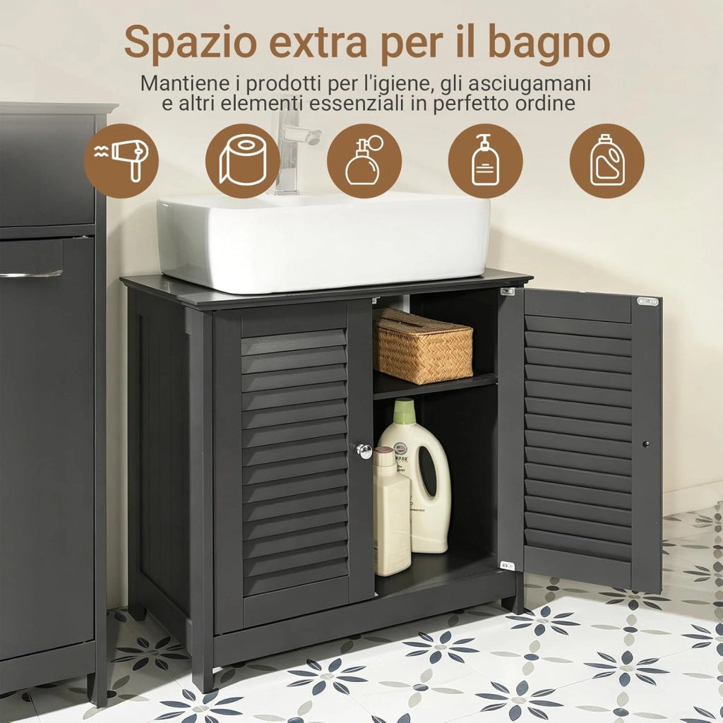Mobile Bagno Sottolavabo - Mobiletto Bagno Salvaspazio con Mensole Regolabili, Mobile Lavabo in MDF, Antimuffa con Porta a Lamelle, per lavabo a muro, Grigio Scuro, 60x58x35cm, FRG237-DG