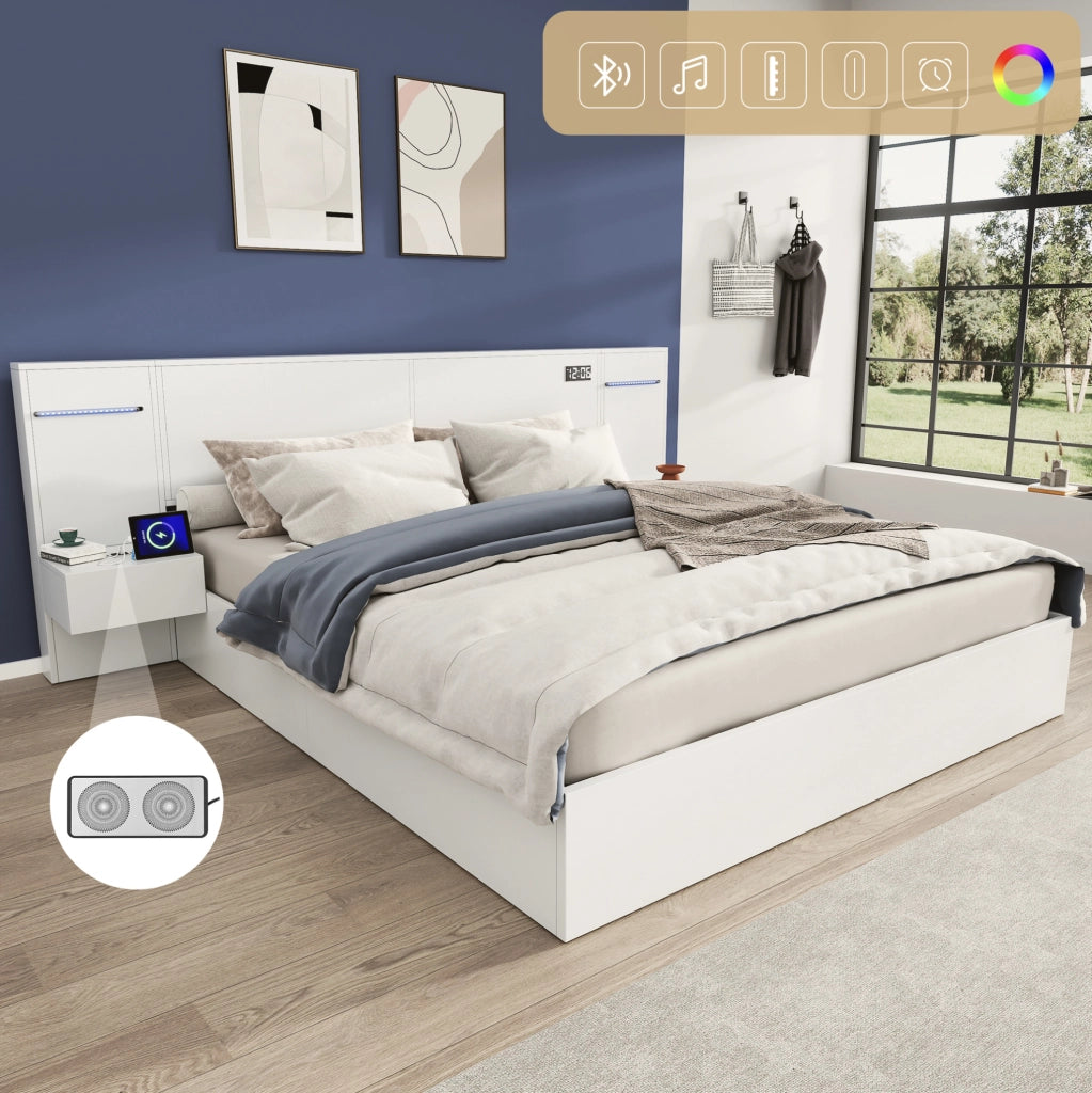 Letto matrimoniale 180x200 cm in MDF bianco con USB; Bluetooth; orologio e luci colorate