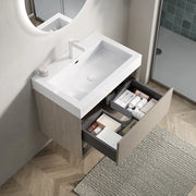 Mobile-lavabo sospeso - Xylo - 70 cm - Ch??ne chiaro - Vasque rettangolare in resina bianca, tiroir et ??tag??re ouverte