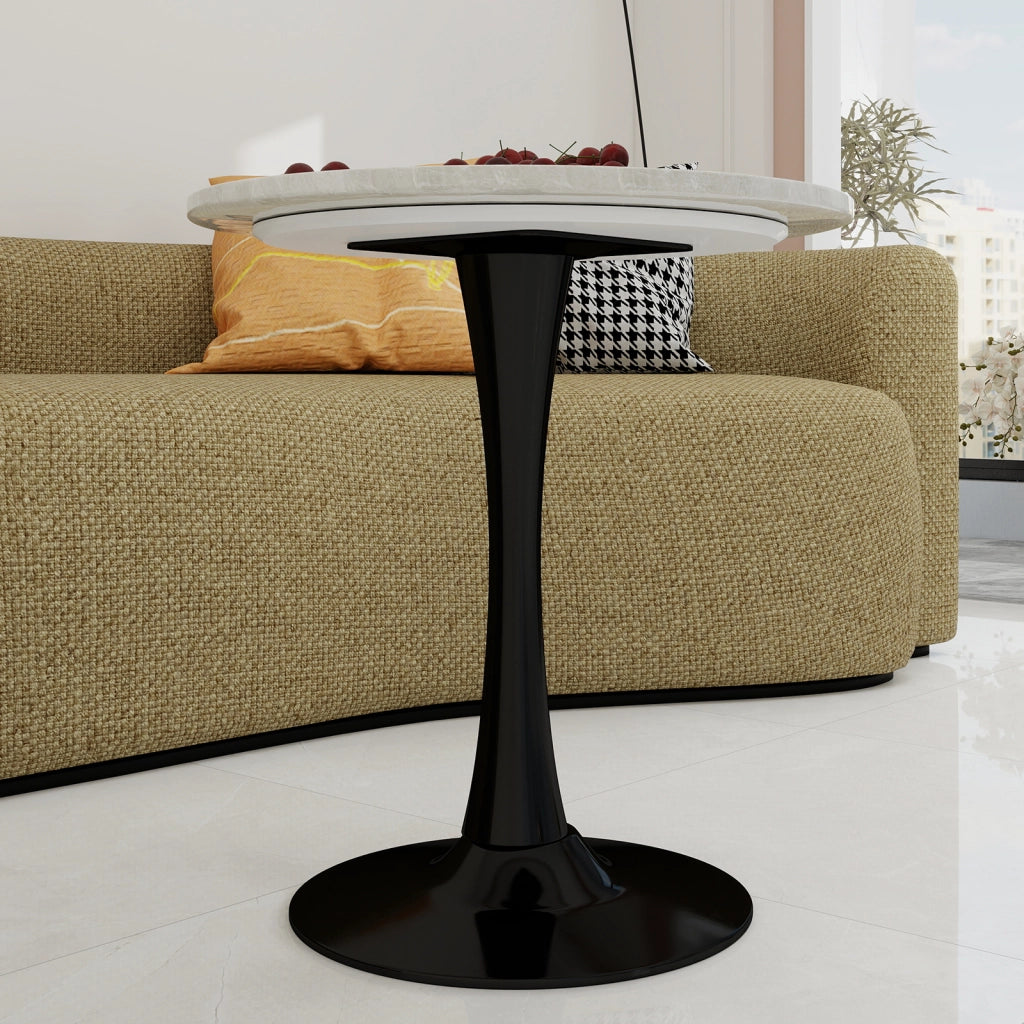 Tavolo da pranzo - rotondo 70 cm - stile mid-century - marmo venato bianco - per 2-4 persone - nero