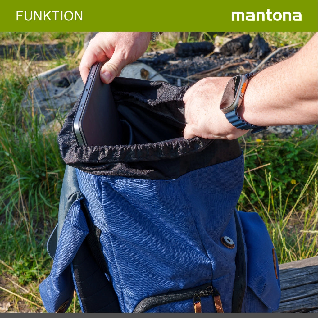 Mantona Luis junior Retro Zaino fotografico blu, per fotocamera con copertura antipioggia, borsa fotografica con scomparto per laptop, DSLR, 3 obiettivi e accessori fotografici
