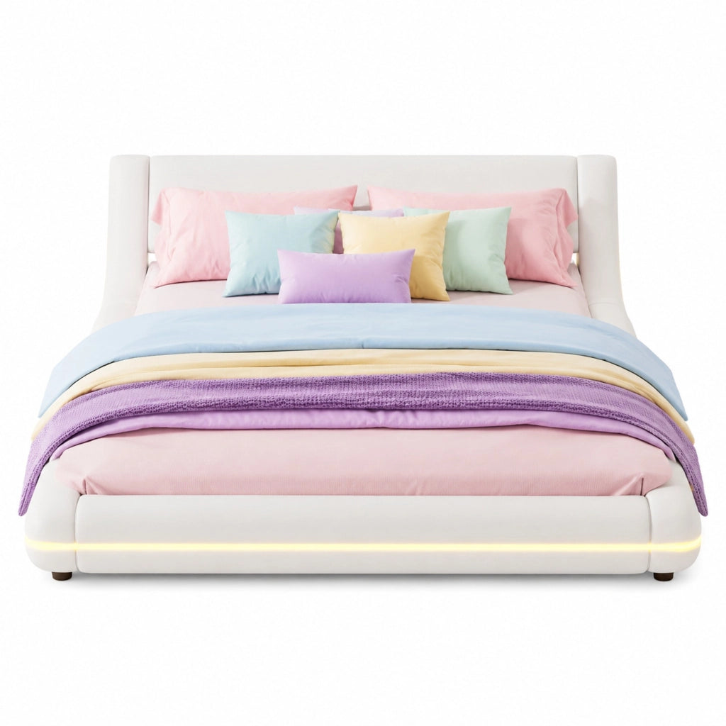Letto basso 140x200 cm in PU bianco con LED ambienti, struttura in MDF