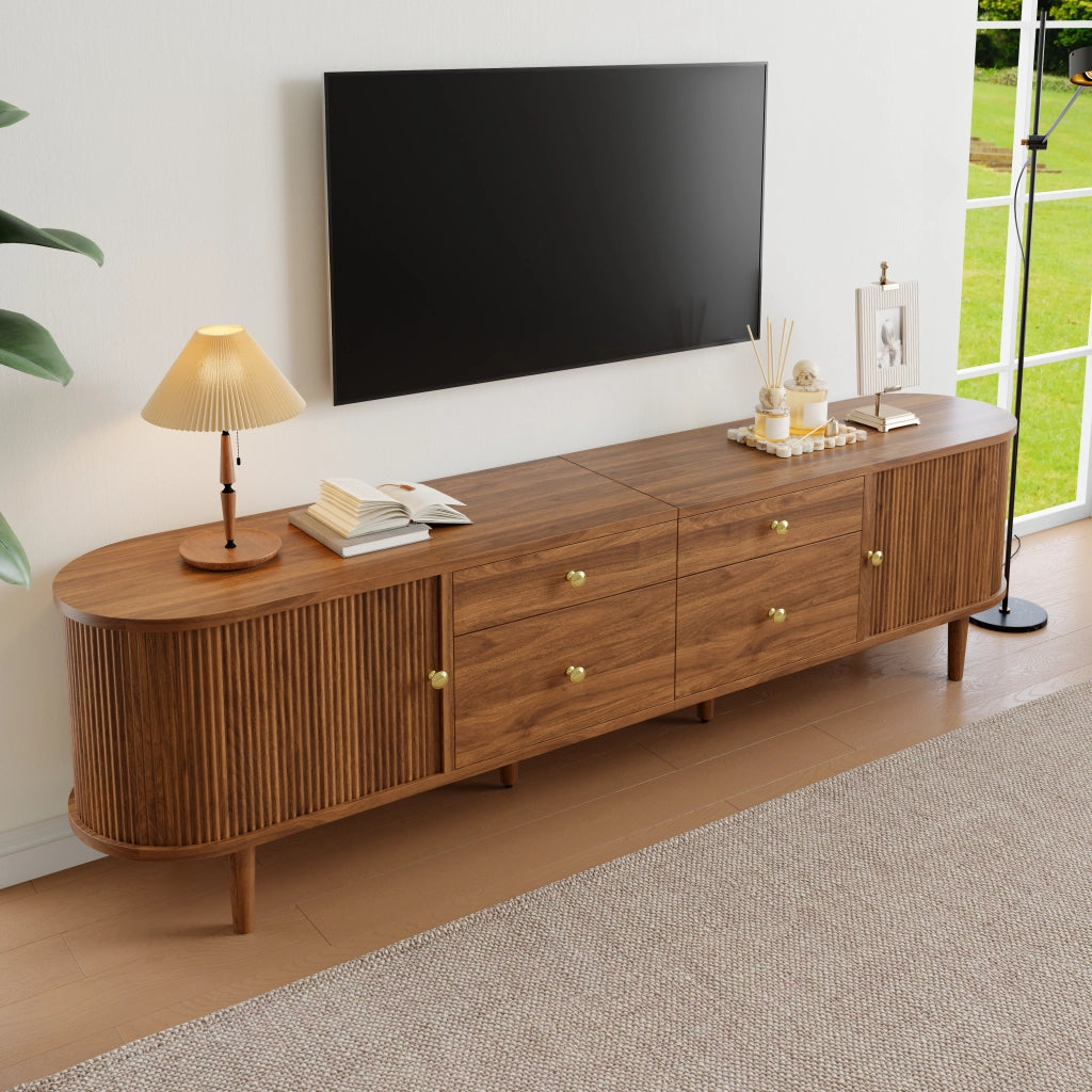 Mobile tv con 2 porte scorrevoli; 4 cassetti; 5 piedi in legno; per soggiorno e camera; 180 × 35 × 50 cm