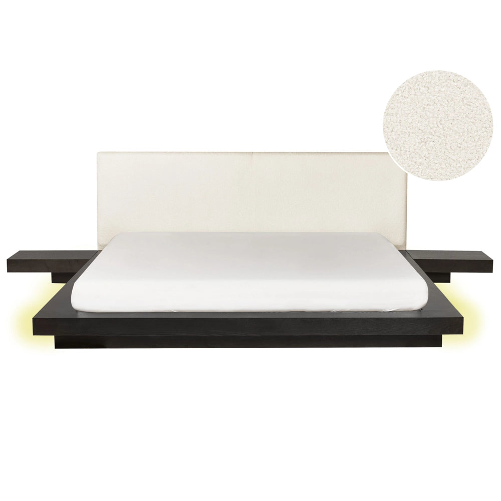 Letto a LED in stile giapponese in frassino scuro 180 x 200 cm testata in legno impiallacciato bouclé camera da letto a basso profilo
