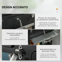 Barbecue a Carbone con Coperchio con Termometro, Griglia Regolabile, Ruote e Tavolini, Nero