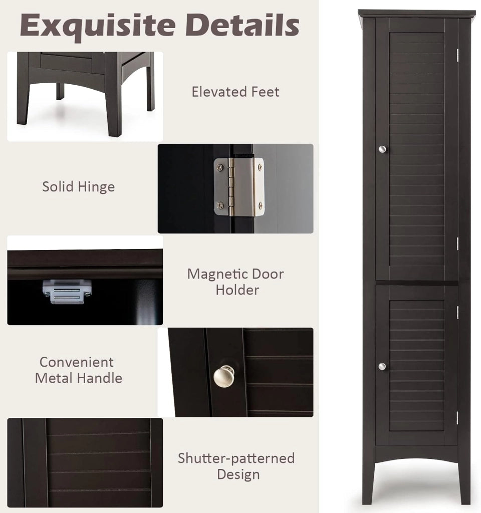 Mobile da bagno alto a 5 livelli, armadio bagno su base con 2 ante, dispositivo antiribaltamento, mobile portaoggetti per cucina, soggiorno, 38 x 38 x 160 cm (marrone)