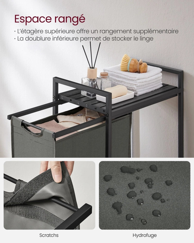 Cesto portabiancheria con 3 scomparti e 1 ripiano rimovibile per sacchetti capacità 38 litri per sacchetto per bagno/lavanderia grigio 12_0006768
