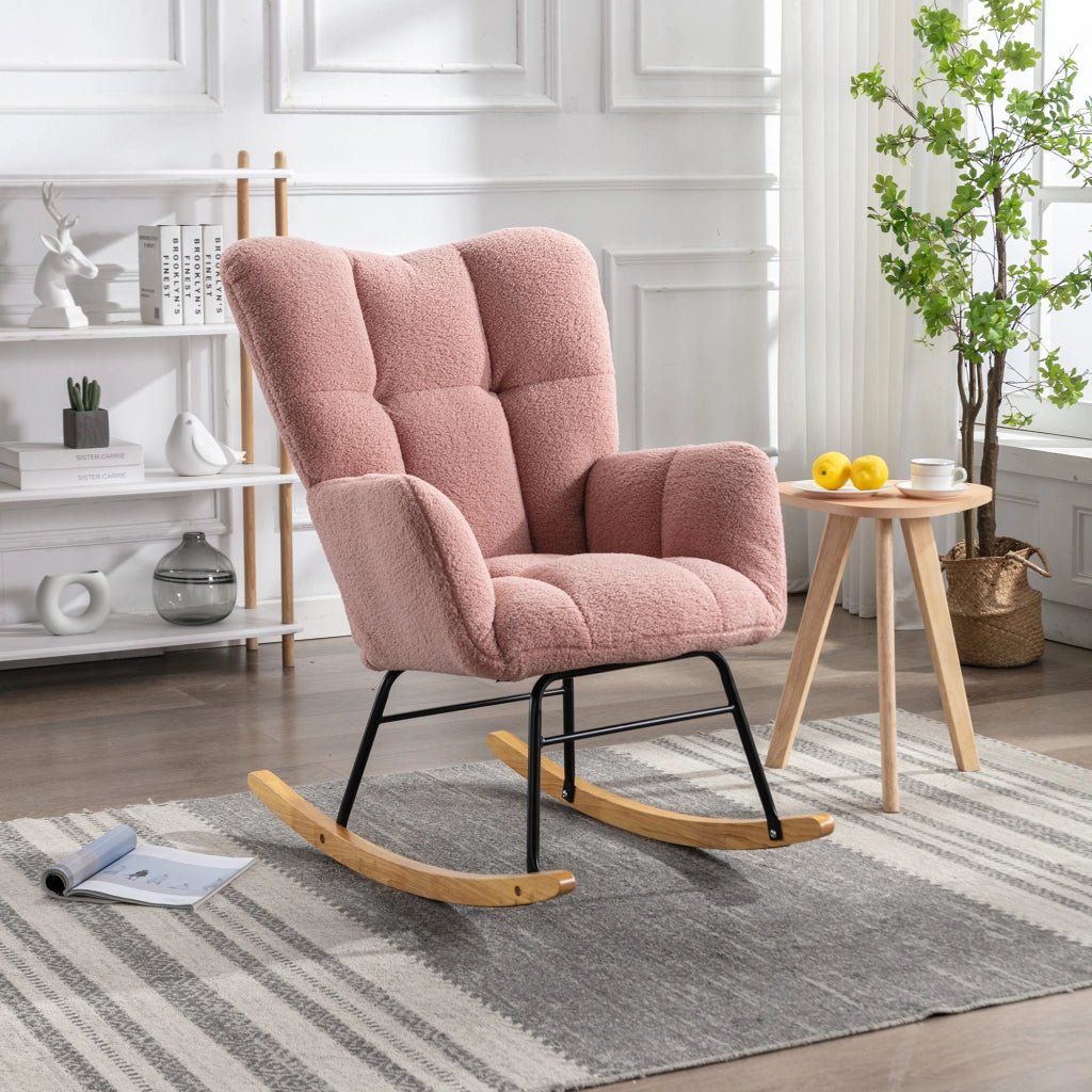 OKWISH Sedia a Dondolo, Schienale Alto Ergonomico e Braccioli Imbottiti, Base Silenziosa, Tessuto Teddy, Rosa
