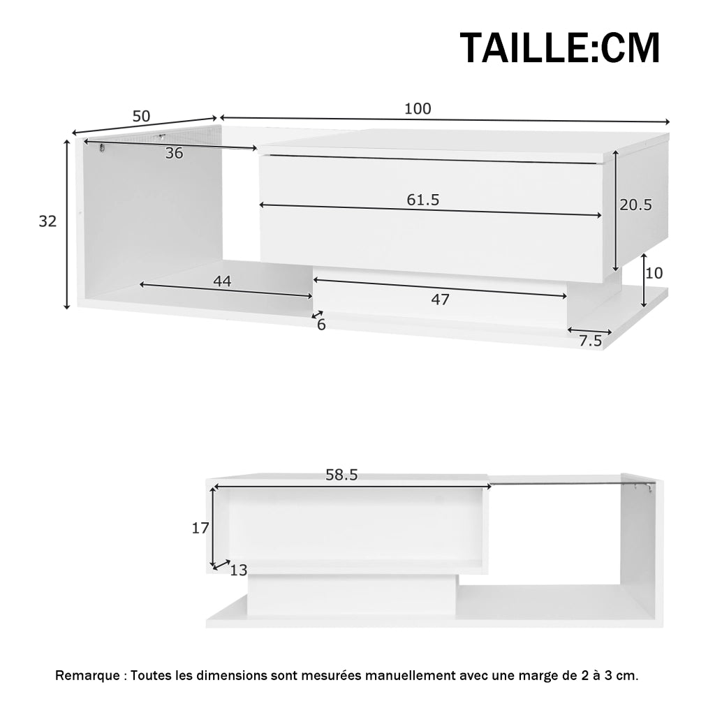 OKWISH Tavolino da Salotto Rettangolare con 1 Cassetto, LED e Piano in Vetro, per Soggiorno, Bianco, 100×50×32 cm