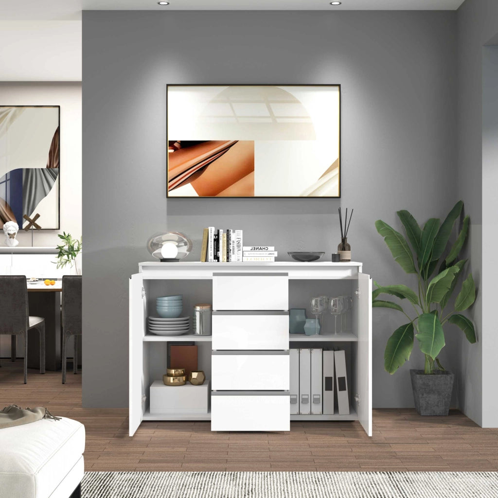 WHOUS Credenza a cassettiera Magic 2 ante e 4 cassetti bianco lucido 120x40x105 cm