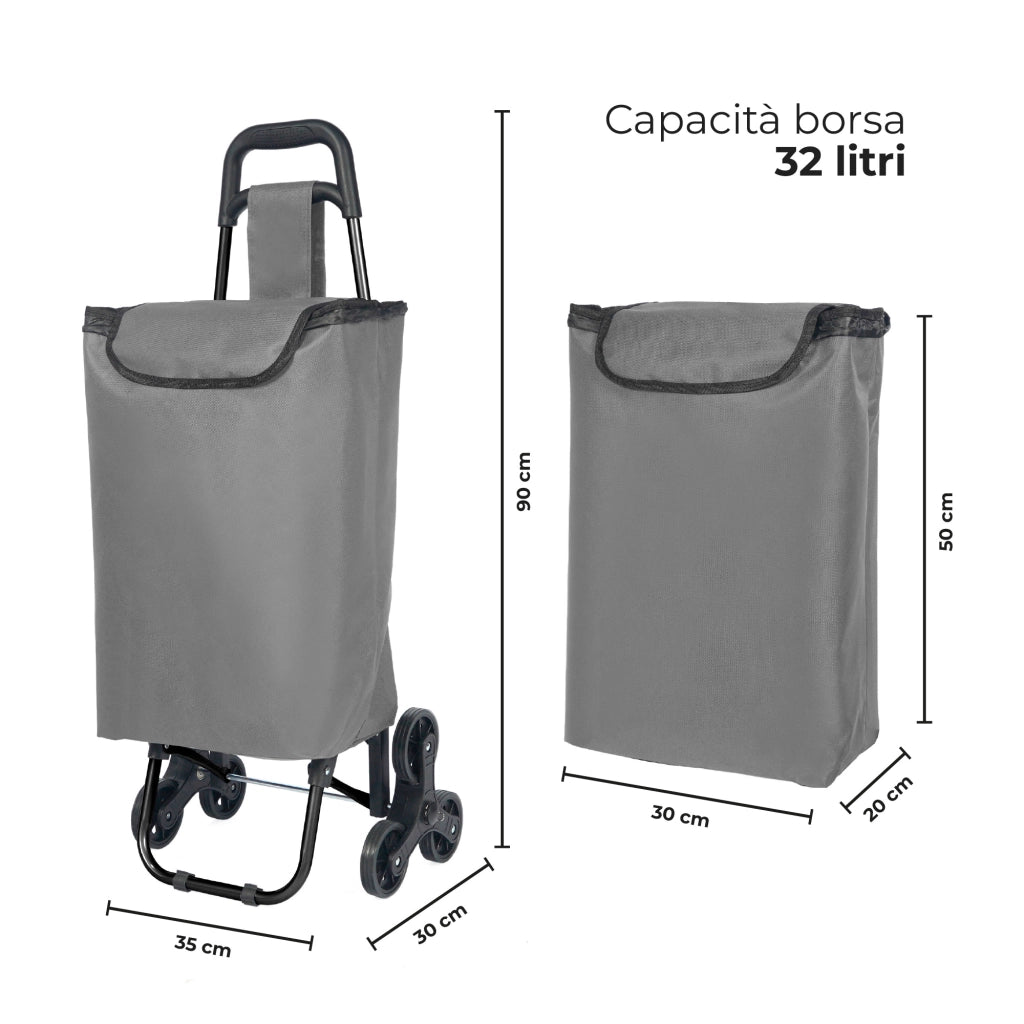 Carrello Spesa Saliscale 6 Ruote Pieghevole con Borsa Impermeabile, Porta Spesa per Scale Supermercato e Casa, Struttura in Acciaio – Il Gruppone   Grigio