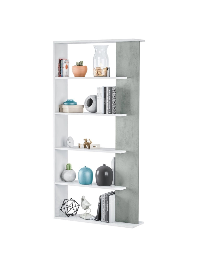 Libreria Eolo, Mobile portalibri bifacciale a 5 ripiani, Scaffale divisorio da ufficio o cameretta, cm 90x25h180, Bianco e Cemento