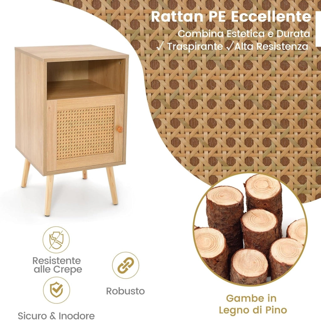 Comodino in Legno 40 x 39 x 70 cm, Comodino con Porta in Rattan, Spazio di Archiviazione e Gambe in Legno Massello, per Soggiorno e Camera da letto (2, Naturale)