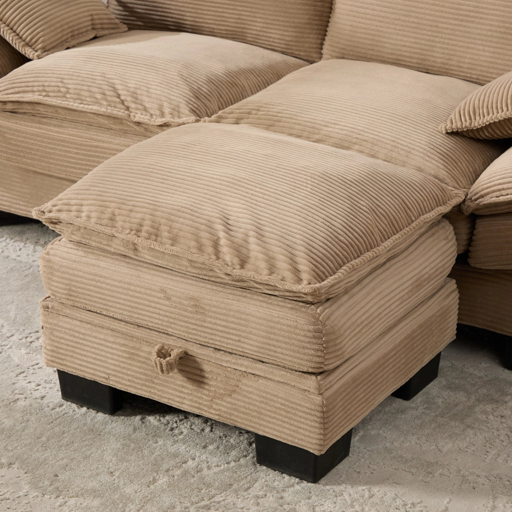 Divano modulare a 2 posti con pouf, USB-C e tasche laterali, seduta ampia in Corduroy Khaki