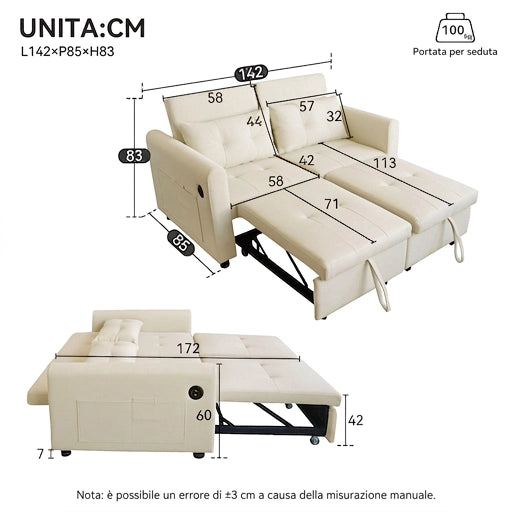Divano Letto 2 Posti 3 in 1 Trasformabile 142 cm con Schienale Regolabile; USB e Tasche; Lino Beige