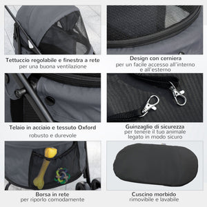 Passeggino per Cani Pieghevole 82x47x97 cm con Borsa e 2 Guinzagli Grigio e Nero