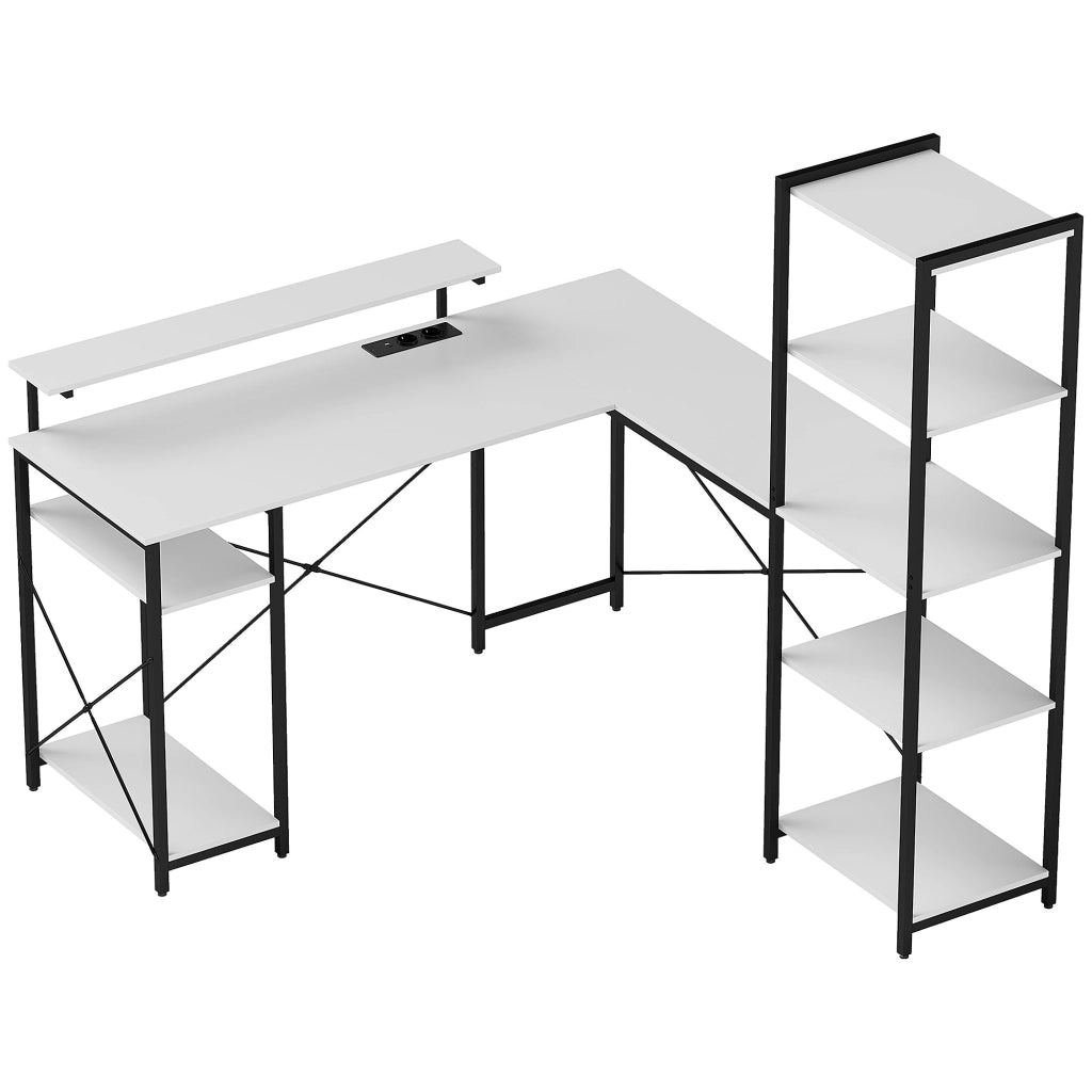Scrivania Angolare con Presa Elettrica e USB, Scaffale e Supporto per Monitor, Bianco e Nero