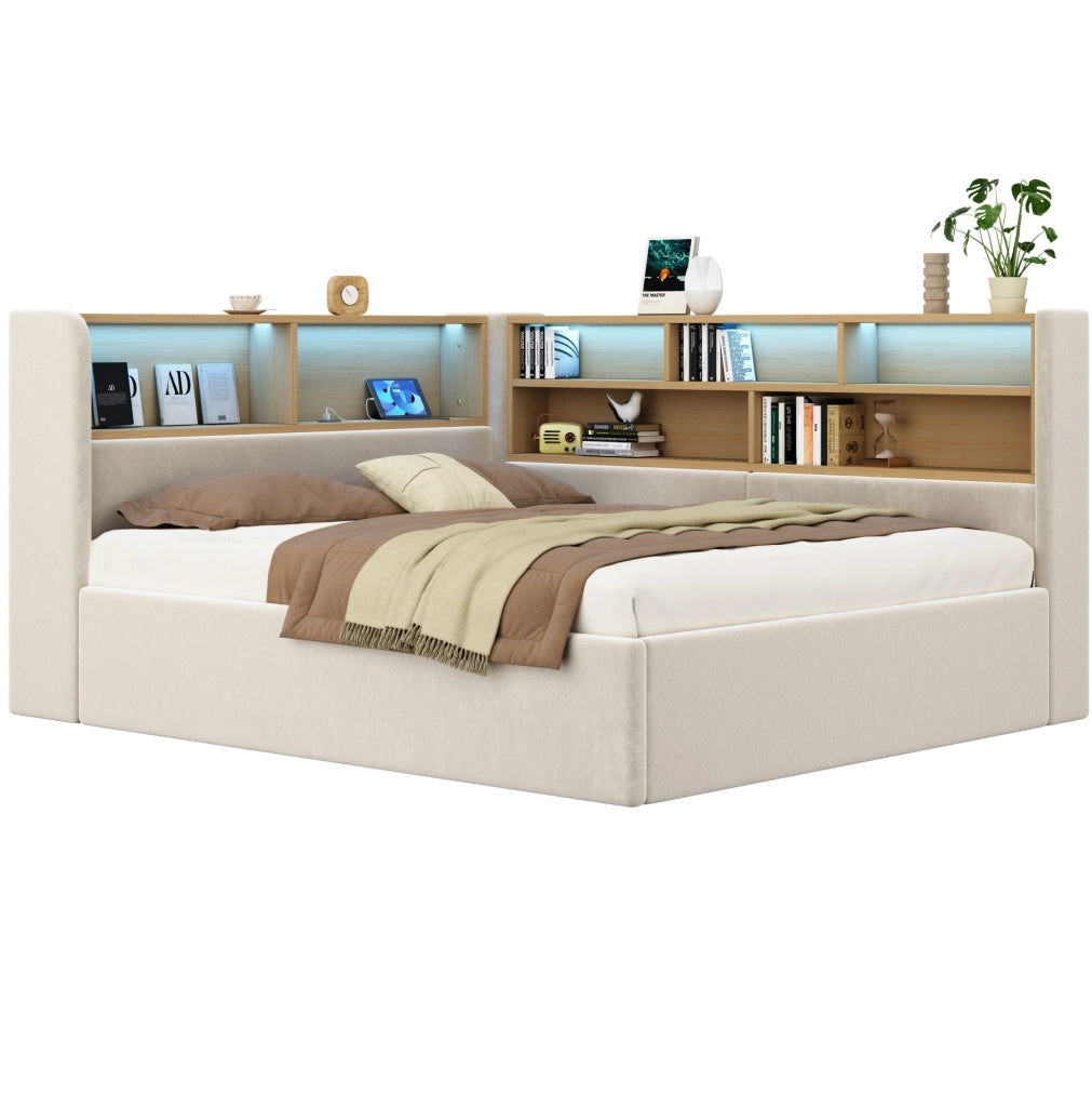 Letto da giorno imbottito ULEVR 140x190 cm con contenitore idraulico, LED, USB e Type-C, velluto beige
