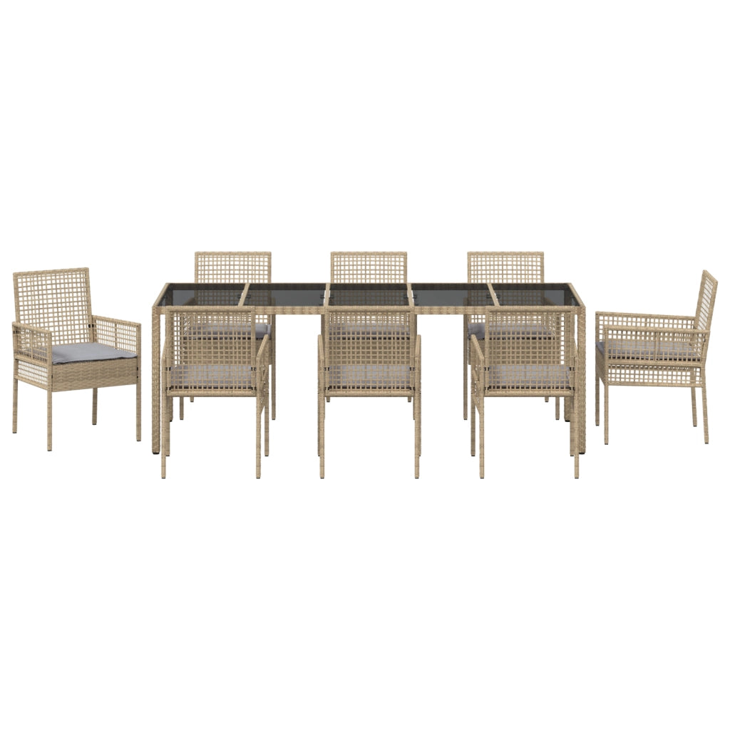 Set da Pranzo da Giardino in 9 Pezzi Rattan Poliestere Beige