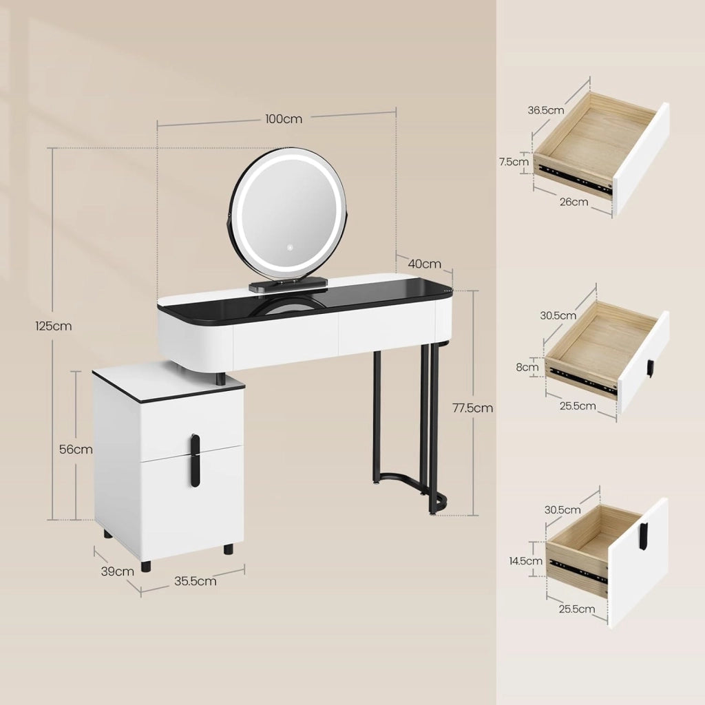 WOLTU Toeletta Trucco con Specchio LED Ø45cm, 3 Luci, 4 Cassetti, Tavolo da Trucco Moderno Bianco e Nero per Camera da Letto