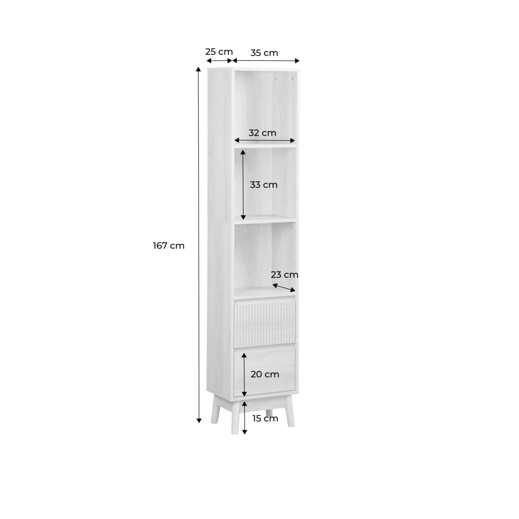 Colonna di stoccaggio decorativa in legno con 3 ripiani e 2 cassetti,